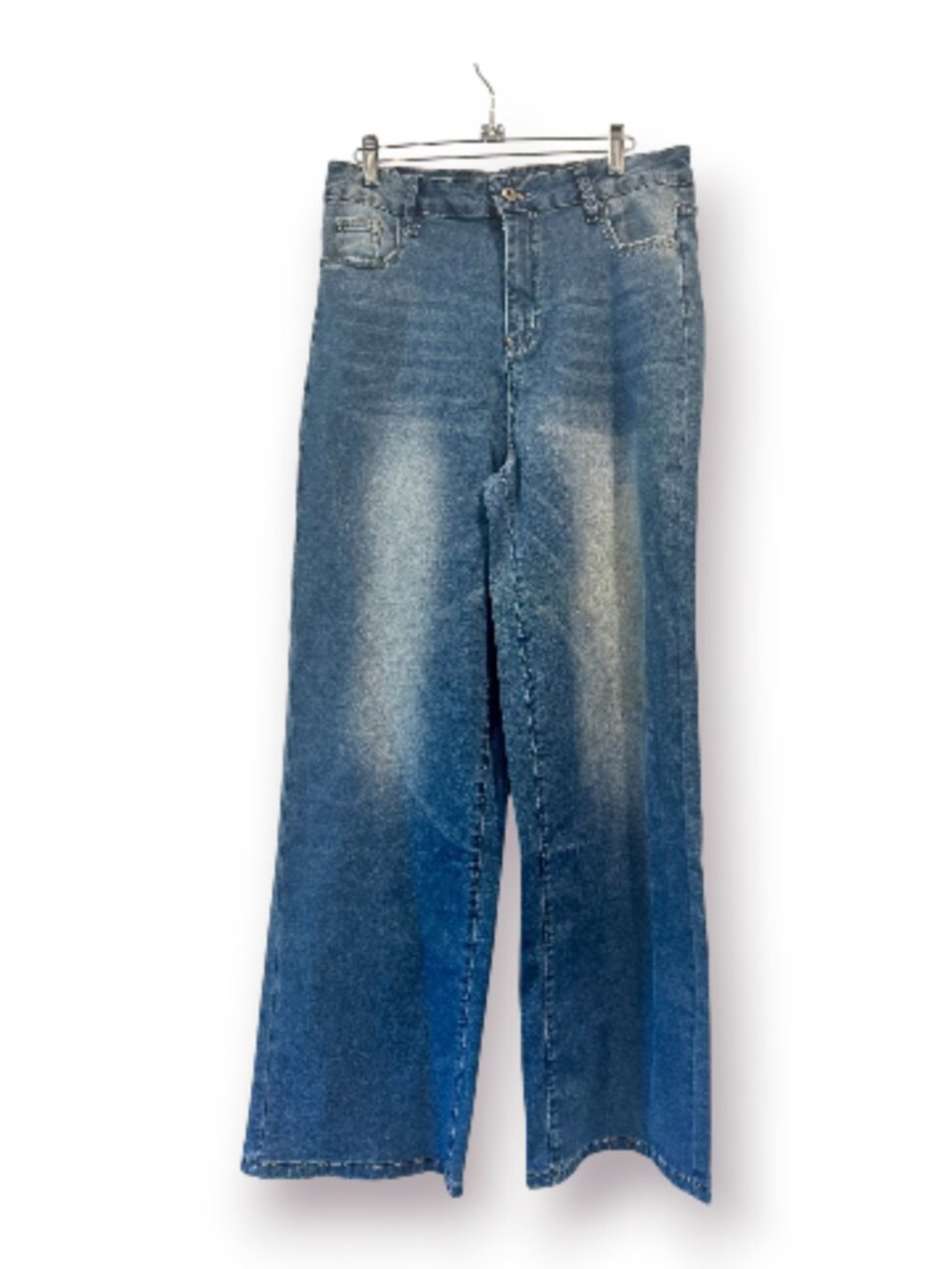 High Waisted Wide Leg Jeans Medium Wash Blue Denim Sanded Whiskered XL